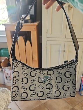 Guess Gray Logo Jacquard Shoulder Bag with Black Trim